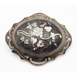 Antique Victorian Pique Horn Brooch Mother of Pearl Silver Gold Inlay Scalloped